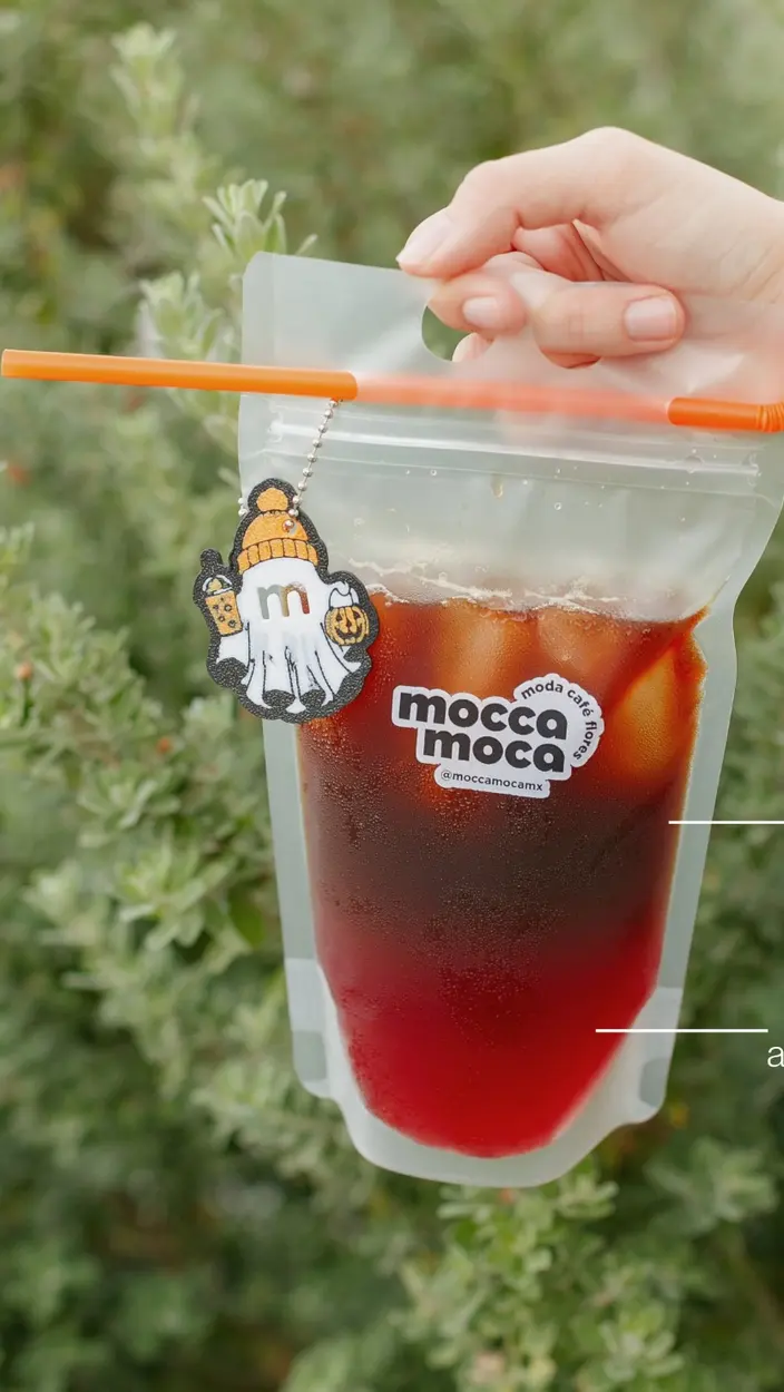 Blood Coffee: jugo de arándano y espresso en su bolsita con el logo de mocca moca